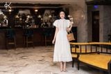  K192 Đầm linen thêu, cổ tàu, đuôi cá, tay lồng đèn BEST SELLER 