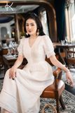  K136 Đầm Linen Cổ V, Xếp Ly Ngực Phối Ren, Tay Phồng BEST SELLER 
