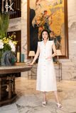  K302 Đầm Linen dáng suông, tay túi thêu ren cổ điển 