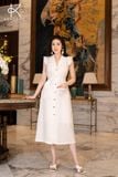  K302 Đầm Linen dáng xuông, tay túi thêu ren cổ điển 