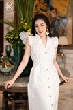  K302 Đầm Linen dáng xuông, tay túi thêu ren cổ điển 