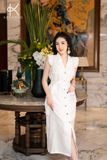  K302 Đầm Linen dáng xuông, tay túi thêu ren cổ điển 