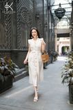  K302 Đầm Linen dáng suông, tay túi thêu ren cổ điển 