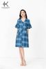 K317 Đầm Linen kẻ caro xanh, dáng suông, cổ V, tay bèo