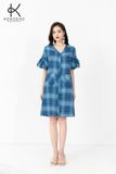  K317 Đầm Linen kẻ caro xanh, dáng suông, cổ V, tay bèo 