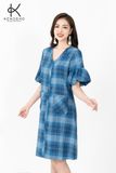  K317 Đầm Linen kẻ caro xanh, dáng xuông, cổ V, tay bèo 