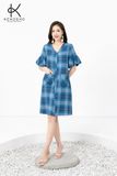  K317 Đầm Linen kẻ caro xanh, dáng suông, cổ V, tay bèo 