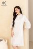 Đầm linen xuông thêu ren sóng tay lỡ màu trắng, phong cách nữ tính