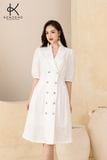  K314 Đầm Linen cổ vest, dáng chữ A đính 2 hàng khuy gỗ 