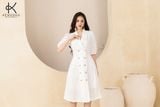  K314 Đầm Linen cổ vest, dáng chữ A đính 2 hàng khuy gỗ 