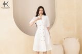  K314 Đầm LInen cổ vest, dáng chữ A đính 2 hàng khuy gỗ 