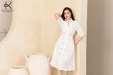  K314 Đầm Linen cổ vest, dáng chữ A đính 2 hàng khuy gỗ 