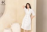  K314 Đầm LInen cổ vest, dáng chữ A đính 2 hàng khuy gỗ 