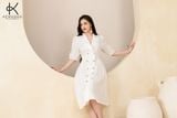 K314 Đầm Linen cổ vest, dáng chữ A đính 2 hàng khuy gỗ 