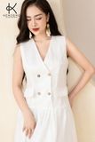  K315 Đầm LINEN suông, cổ V, sát nách, đính cúc 