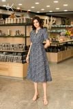  K429 đầm Ramie cổ tàu, buộc dây eo với họa tiết hoa nhí xanh 