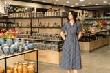  K429 đầm Ramie cổ tàu, buộc dây eo với họa tiết hoa nhí xanh 