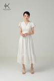  K676 Đầm Linen Linh Lan: tay phồng, cổ tim mềm mại, thân váy đính ren nhẹ 