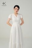  K676 Đầm Linen Linh Lan: tay phồng, cổ tim mềm mại, thân váy đính ren nhẹ 