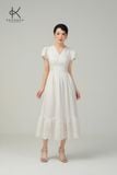  K676 Đầm Linen Linh Lan: tay phồng, cổ tim mềm mại, thân váy đính ren nhẹ 
