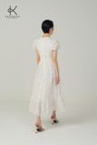  K676 Đầm Linen Linh Lan: tay phồng, cổ tim mềm mại, thân váy đính ren nhẹ 