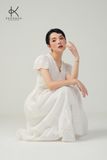  K676 Đầm Linen Linh Lan: tay phồng, cổ tim mềm mại, thân váy đính ren nhẹ 