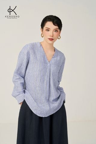 Áo sơ mi linen kẻ cổ V K618 màu xanh, thiết kế công sở