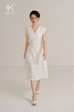  K475 Đầm Linen Cổ V – Thiết Kế Thêu Ren Tinh Xảo, Sang Trọng 