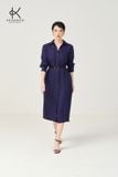  K624 Đầm linen suông, dáng sơ mi cổ đức, dáng dài, tay dài Rayon, xanh Navy 