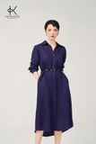  K624 Đầm linen suông, dáng sơ mi cổ đức, dáng dài, tay dài Rayon, xanh Navy 