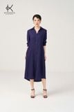  K624 Đầm linen suông, dáng sơ mi cổ đức, dáng dài, tay dài Rayon, xanh Navy 