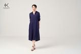  K624 Đầm linen suông, dáng sơ mi cổ đức, dáng dài, tay dài Rayon, xanh Navy 