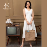  K122 Đầm linen cổ V, sát nách, buộc dây ở lưng, đính cúc trẻ trung quyến rũ. BEST SELLER 