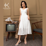  K122 Đầm linen cổ V, sát nách, buộc dây ở lưng, đính cúc trẻ trung quyến rũ. BEST SELLER 