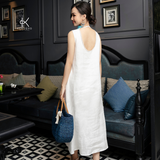  K140 Đầm Linen Suông Cổ Tròn Phối Ren 
