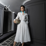  K157 + K158 - Set đồ gồm áo sơ mi linen cổ tàu, xếp ly 2 vạt, tay dài đính ren và chân váy xòe dáng A 