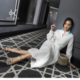 K157 + K158 - Set đồ gồm áo sơ mi linen cổ tàu, xếp ly 2 vạt, tay dài đính ren và chân váy xòe dáng A 