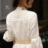  K134 Đầm linen suông  cổ tàu, xếp ly, tay dài 