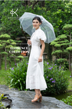  K192 Đầm linen thêu, cổ tàu, đuôi cá, tay lồng đèn BEST SELLER 