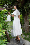  K192 Đầm linen thêu, cổ tàu, đuôi cá, tay lồng đèn BEST SELLER 