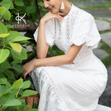  K192 Đầm linen thêu, cổ tàu, đuôi cá, tay lồng đèn BEST SELLER 