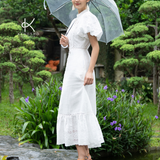  K192 Đầm linen thêu, cổ tàu, đuôi cá, tay lồng đèn BEST SELLER 