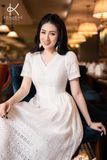  K195 Đầm linen thêu ren cổ V tay ngắn BEST SELLER 