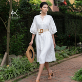  K201 Đầm Linen suông, cổ tàu, tay lỡ thêu ren 