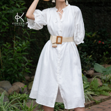  K201 Đầm Linen suông, cổ tàu, tay lỡ thêu ren 