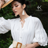  K201 Đầm Linen suông, cổ tàu, tay lỡ thêu ren 