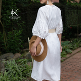  K201 Đầm Linen suông, cổ tàu, tay lỡ thêu ren 