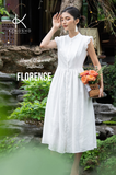  K202 Đầm linen cổ tàu, dáng xòe A, cổ tàu tay thêu ren 