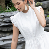 K202 Đầm linen cổ tàu, dáng xòe A, cổ tàu tay thêu ren 
