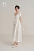 K482 - Váy Linen Trắng Dài Cổ V Tay Gấp Gấu Cách Điệu Cài Khuy Gỗ Dừa.